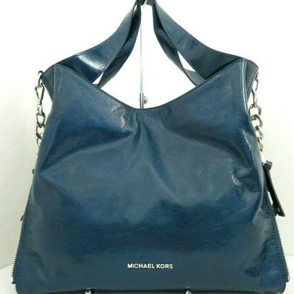 MICHAEL KORS DEVON TEAL LUX SILVER CALF LEATHER LARGE SHOULDER TOTE BAG NWT! - Picture 2 of 8